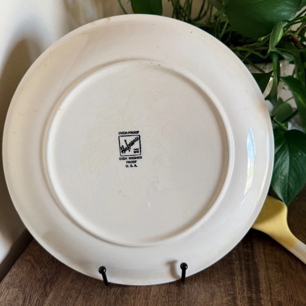 Vintage Harkerware Mosaic Mustard Cake Set MCM Plate Server 4 Dessert Plates